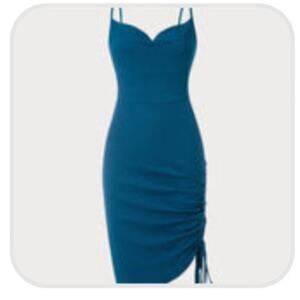 NWT BERLOOK Assymetric Drawstring Ruched Knit Mini/Midi Dress Teal Green Size M